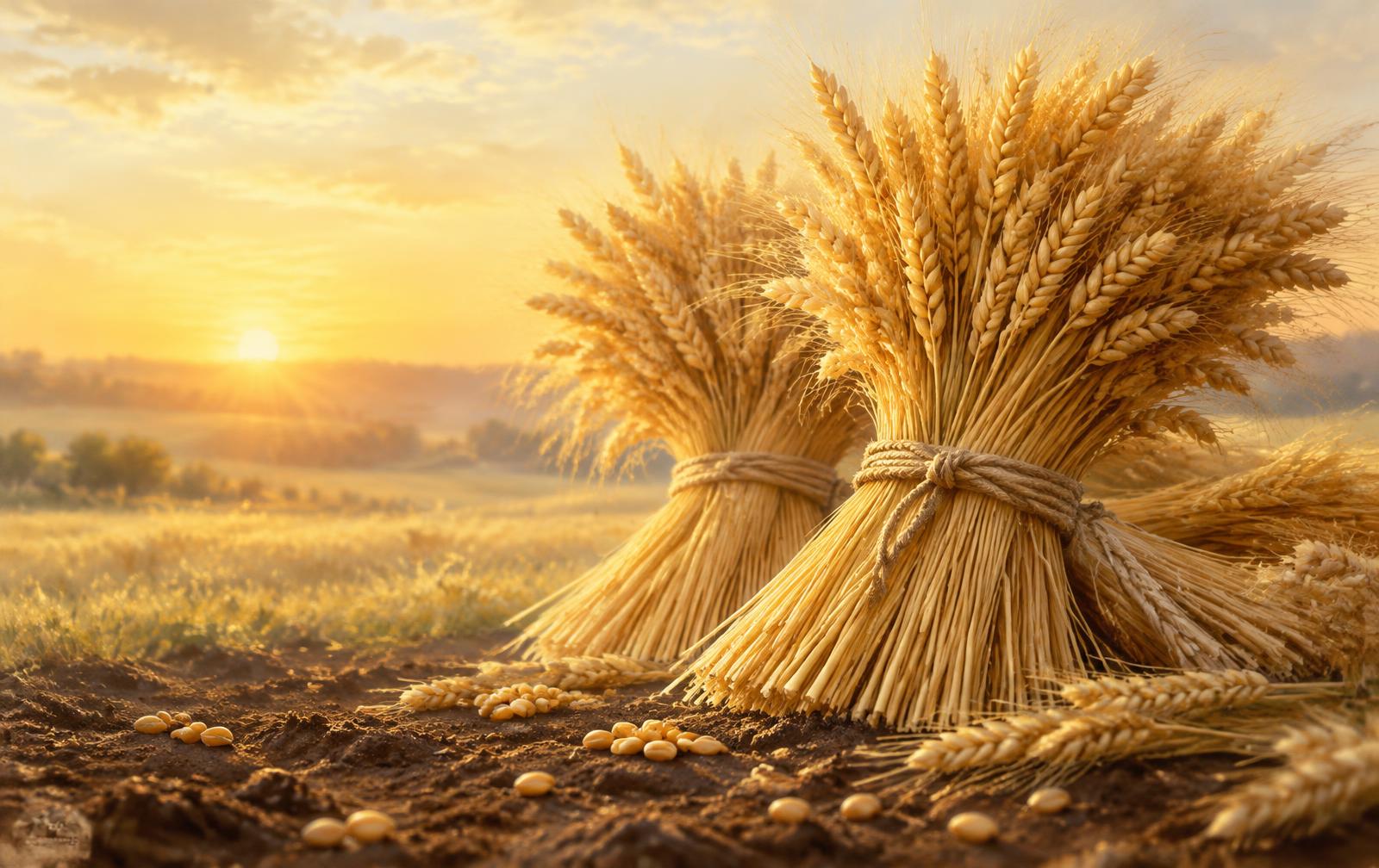 Golden wheat sheaves in a sunlit field